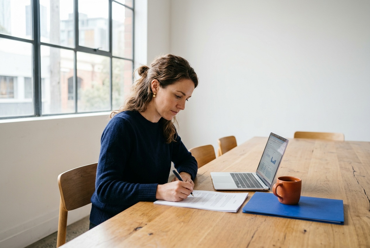 A founder reviewing a printed contract at a meeting room table